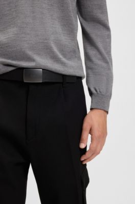 Italian-leather belt with logo-engraved plaque buckle, Black