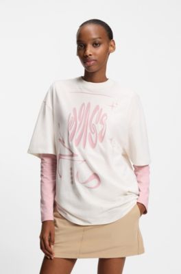 Cotton-jersey T-shirt with Happy HUGO logo artwork, Natural