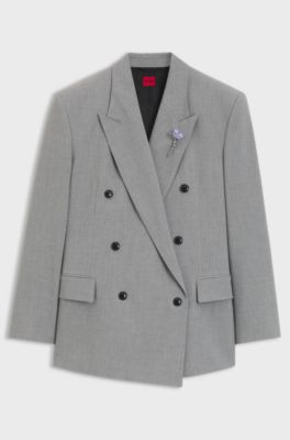 Relaxed-fit blazer with enamel flower brooch, Light Grey