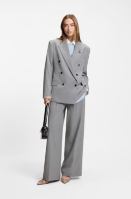 Relaxed-fit blazer with enamel flower brooch, Light Grey