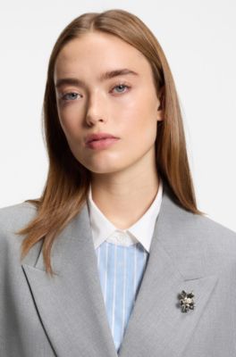 Relaxed-fit blazer with enamel flower brooch, Light Grey