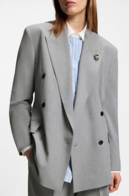 Relaxed-fit blazer with enamel flower brooch, Light Grey