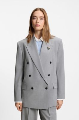 Relaxed-fit blazer with enamel flower brooch, Light Grey