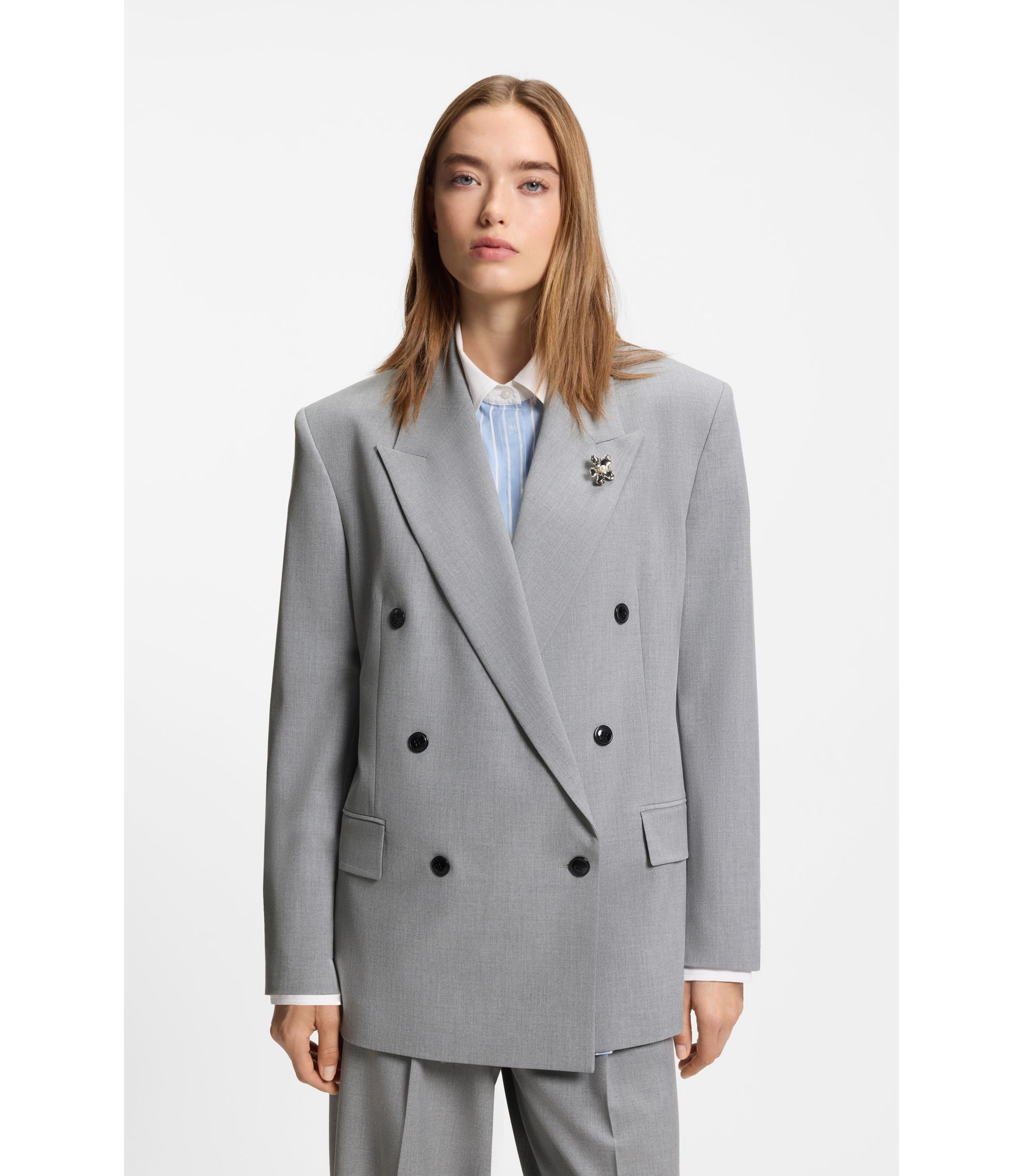 Relaxed-Fit Blazer mit Blumenbrosche aus Emaille