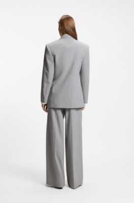 Relaxed-fit blazer with enamel flower brooch, Light Grey
