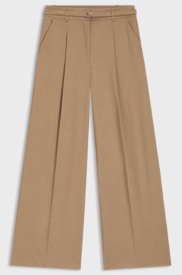 Pleat-front trousers with buckled belt, Beige