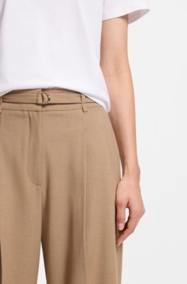 Pleat-front trousers with buckled belt, Beige