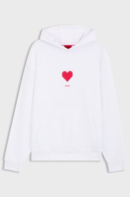 Felpa con cappuccio all-gender in terry di cotone con grafica a cuore origami, Bianco