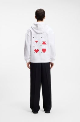 All-gender Cotton-terry hoodie with origami-heart artwork, White