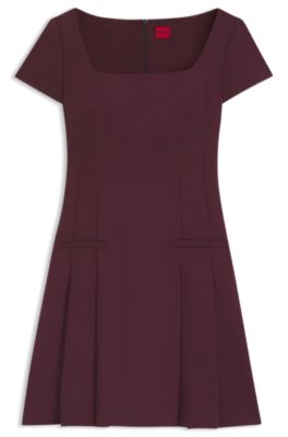 Square-neck dress in stretch fabric, Dark Red