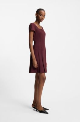 Square-neck dress in stretch fabric, Dark Red