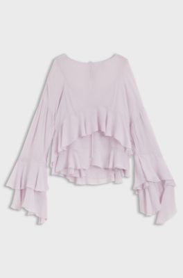 Relaxed-fit blouse met ruches van cr&ecirc;pe Georgette seersucker, Lichtpaars