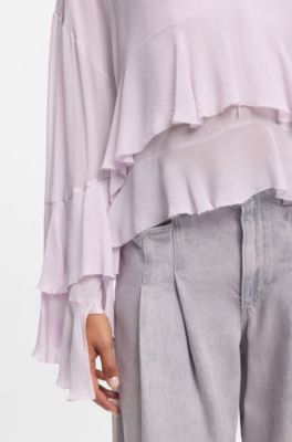 Relaxed-fit ruffled blouse in crepe Georgette seersucker, Light Purple