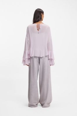Relaxed-fit ruffled blouse in crepe Georgette seersucker, Light Purple