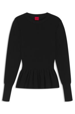 Cotton sweater with detachable floral brooch, Black