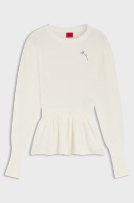 Cotton sweater with detachable floral brooch, Natural