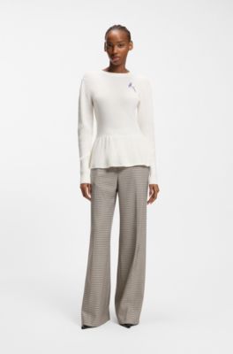 Cotton sweater with detachable floral brooch, Natural