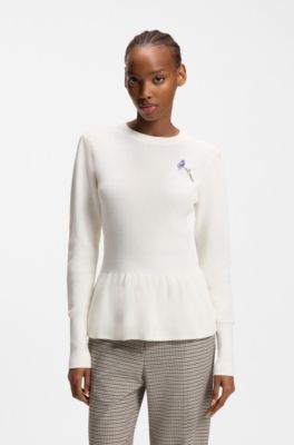 Cotton sweater with detachable floral brooch, Natural