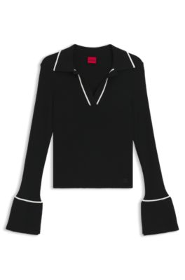 Pull en maille &agrave; col polo et passepoil contrastant, Noir