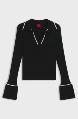 Maglione in maglia con colletto polo e profili a contrasto, Nero