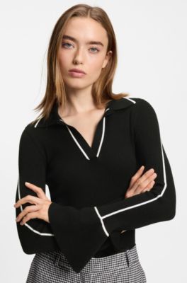 Maglione in maglia con colletto polo e profili a contrasto, Nero