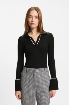 Strickpullover mit Polokragen und kontrastfarbenen Paspeln, Schwarz