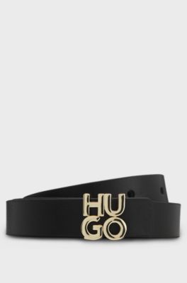 Italian-leather belt with stacked-logo buckle, Black