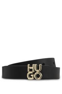 Italian-leather belt with stacked-logo buckle, Black