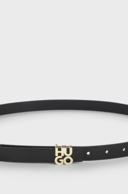 Italian-leather belt with stacked-logo buckle, Black