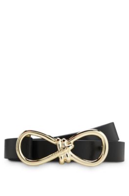Italian-leather belt with gold-tone bow buckle, Black
