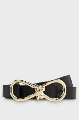 Italian-leather belt with gold-tone bow buckle, Black
