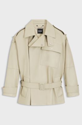 Kort trenchcoat med relaxed fit i l&aelig;der, Lys beige