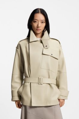 Relaxed-fit short-length trench coat in leather, Light Beige