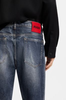 Jeans con fit affusolato in comodo denim elasticizzato blu, Blu scuro