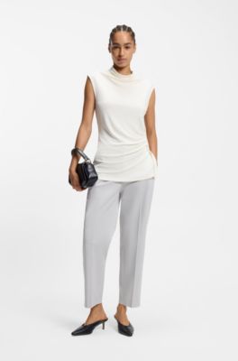 Stretch-jersey top with draped collar, Natural