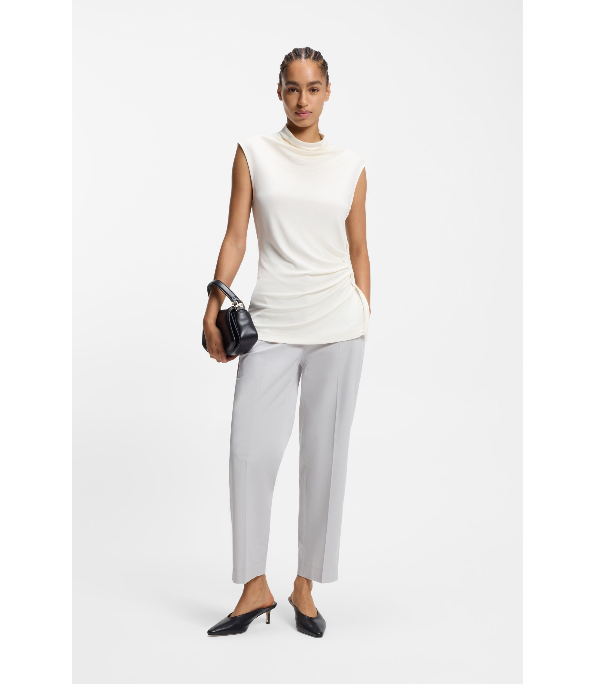 BOSS - Stretch-jersey top with draped collar - Natural