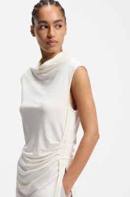 Stretch-jersey top with draped collar, Natural