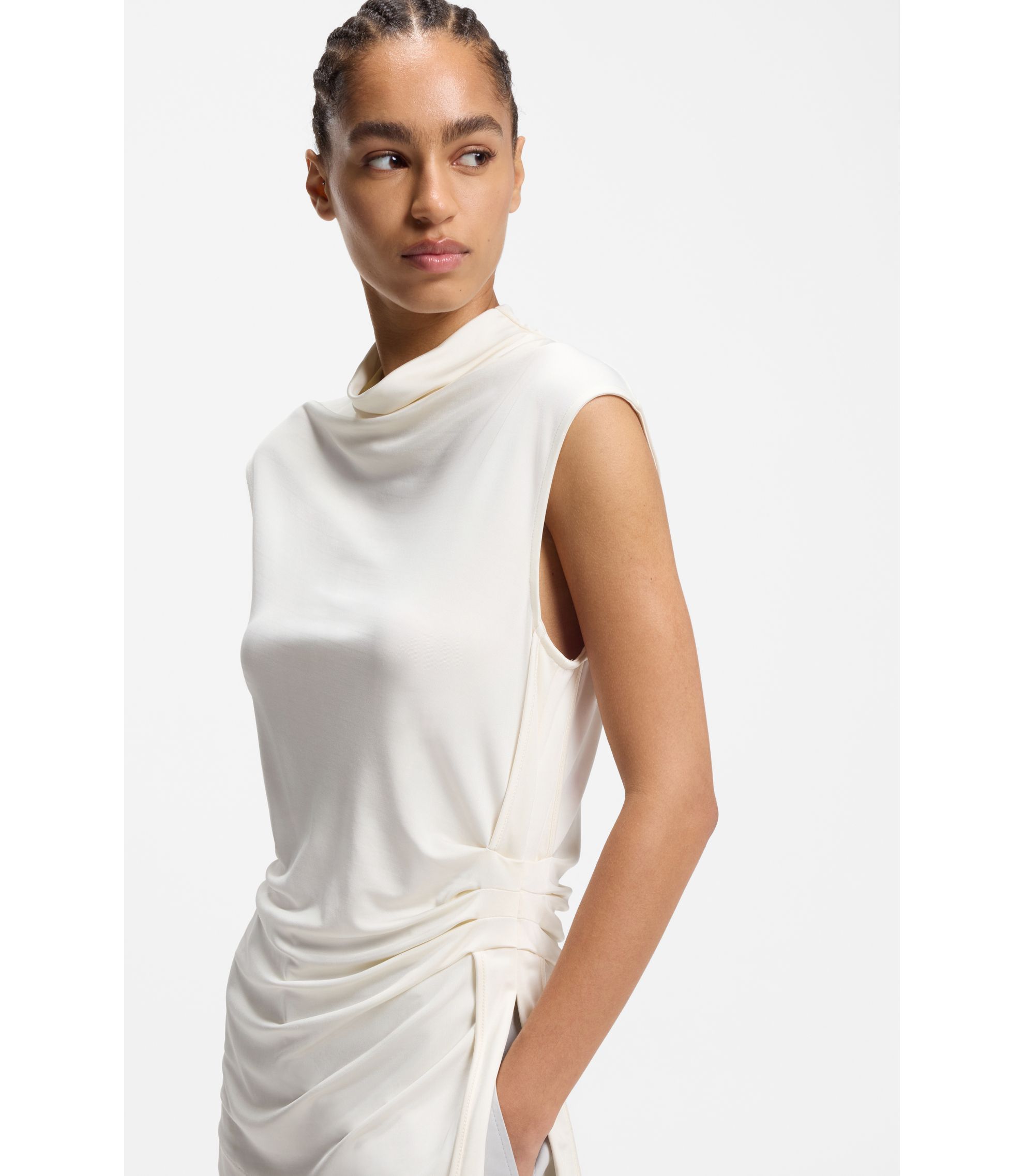 BOSS - Stretch-jersey top with draped collar - Natural