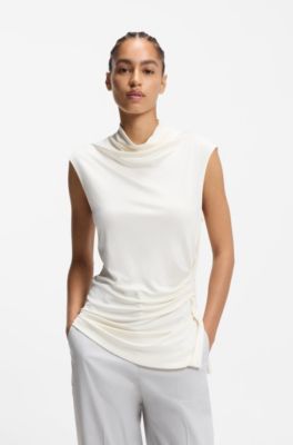 Stretch-jersey top with draped collar, Natural
