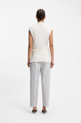 Stretch-jersey top with draped collar, Natural
