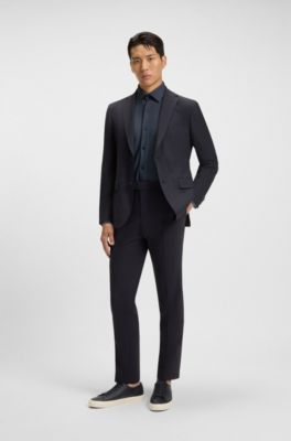 Slim-fit trousers in micro-patterned stretch cloth, Dark Blue