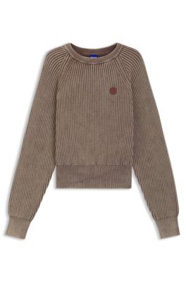 Knitted-cotton sweater with Happy HUGO logo, Brown