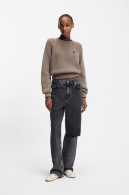 Knitted-cotton sweater with Happy HUGO logo, Brown