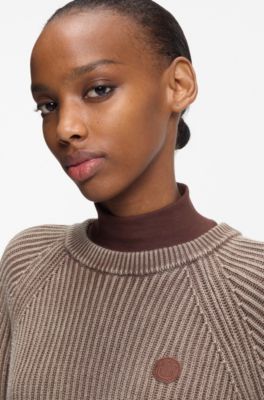 Knitted-cotton sweater with Happy HUGO logo, Brown