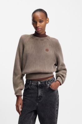 Knitted-cotton sweater with Happy HUGO logo, Brown