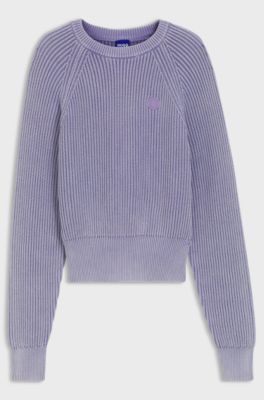 Knitted-cotton sweater with Happy HUGO logo, Purple