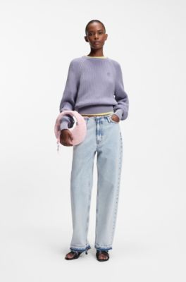 Knitted-cotton sweater with Happy HUGO logo, Purple