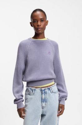 Knitted-cotton sweater with Happy HUGO logo, Purple