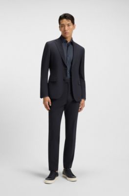 Slim-fit suit jacket in micro-patterned stretch fabric, Dark Blue
