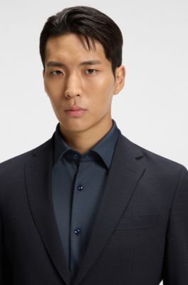 Slim-fit suit jacket in micro-patterned stretch fabric, Dark Blue